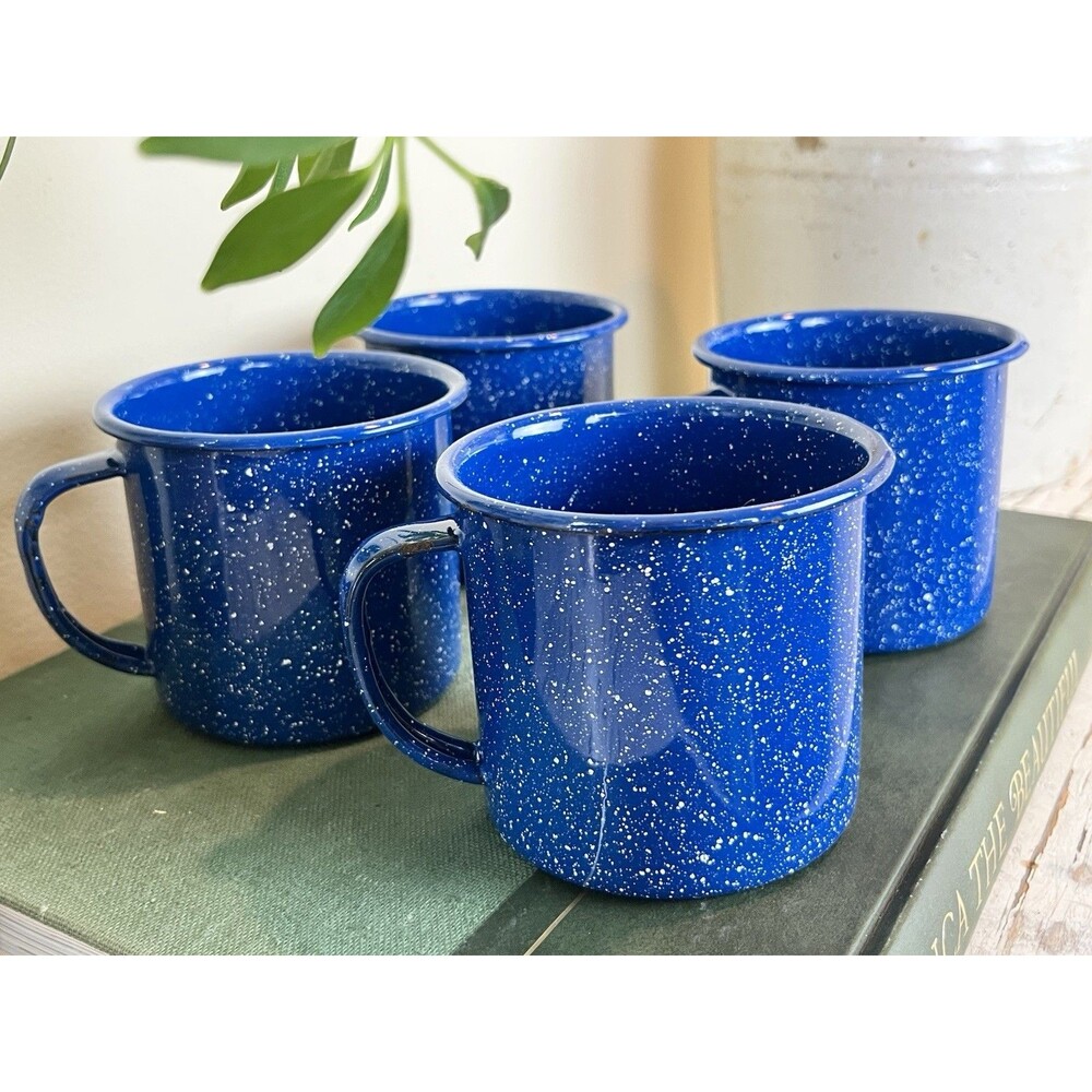 Vintage Blue Speckled Enamelware Metal Coffee Cups Mugs Set Of 4, Cabin Camping - Picture 2 of 8